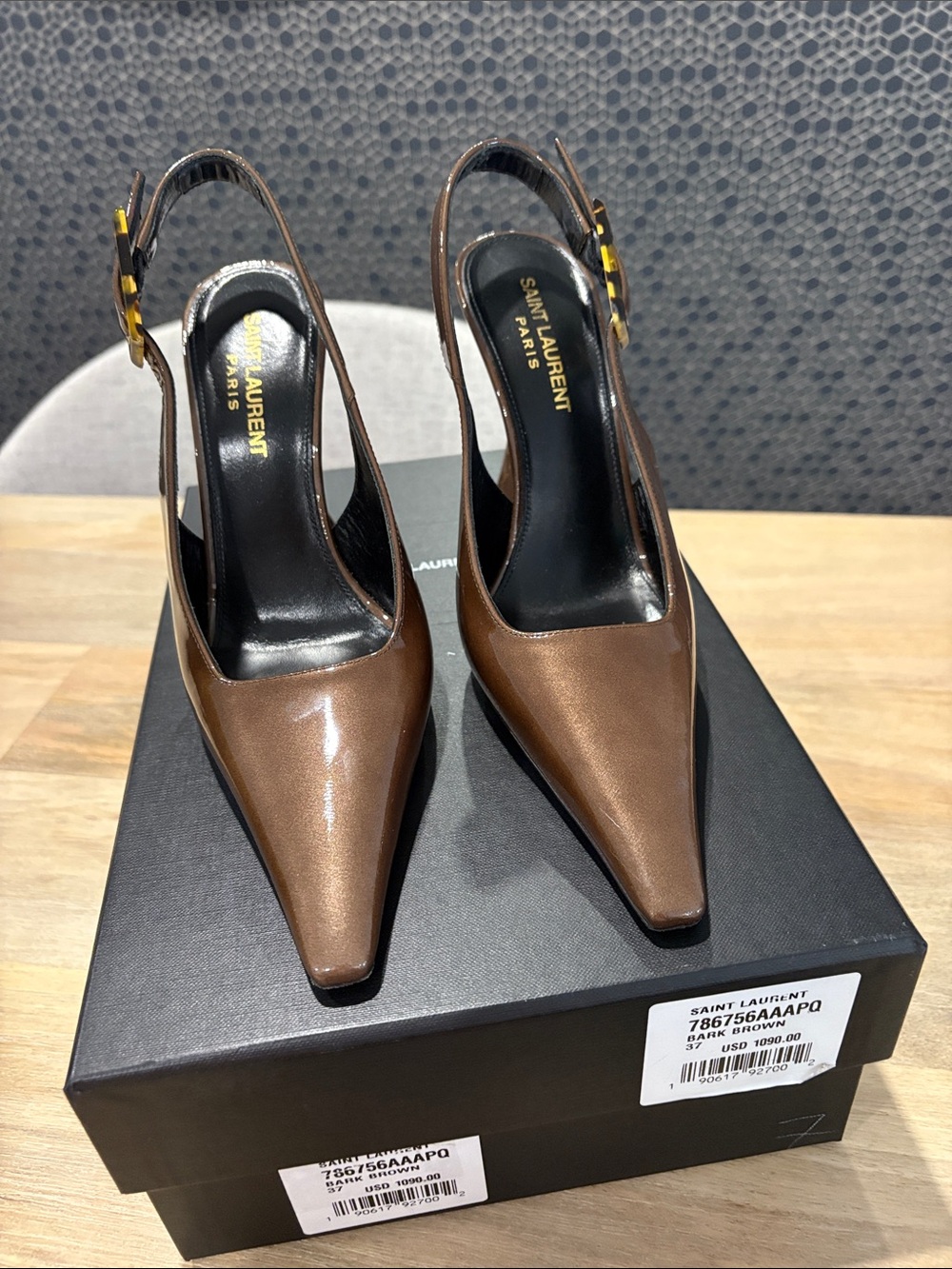 Saint Laurent Brown Patent Pointed Slingback Pumps with original box, dust bags